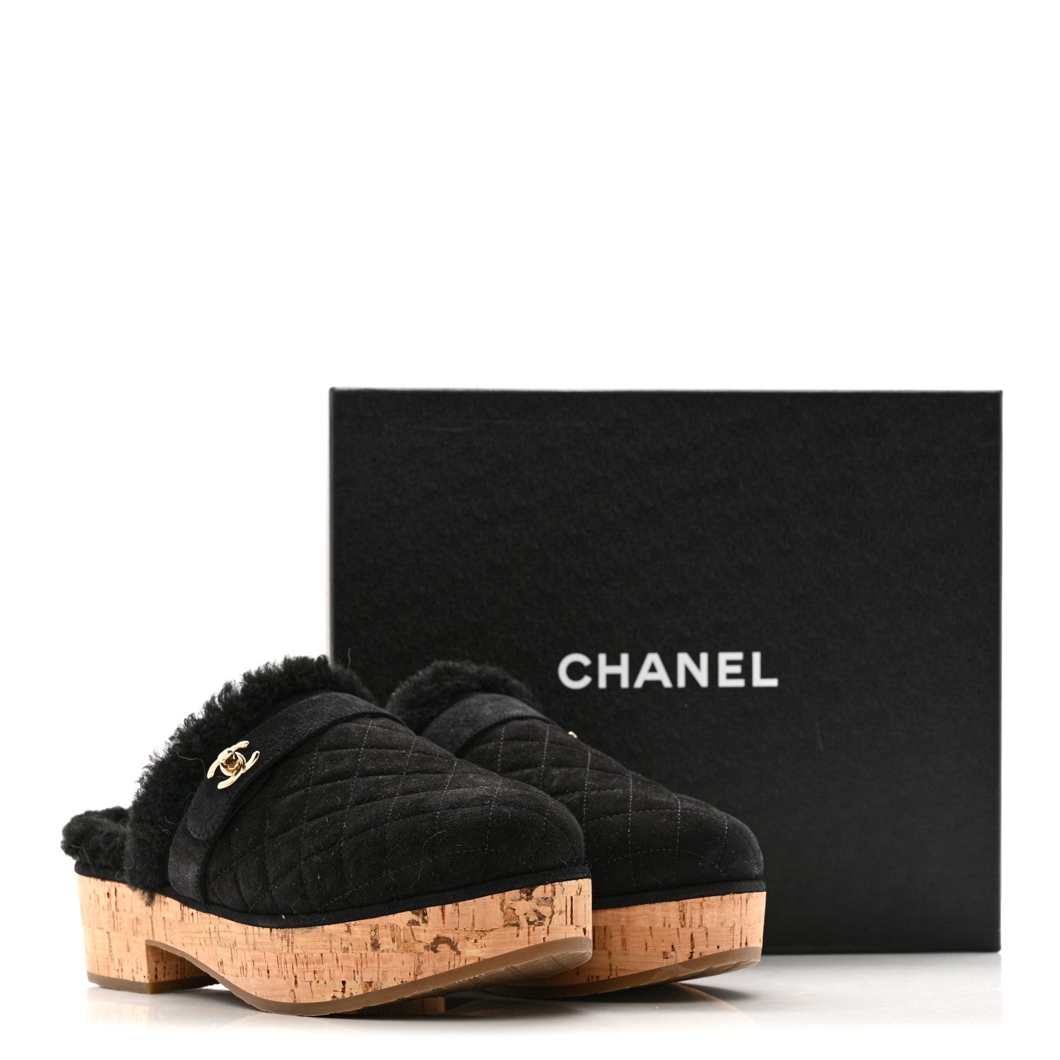 Suede Calfskin Shearling Turn Lock Clogs 41 Black