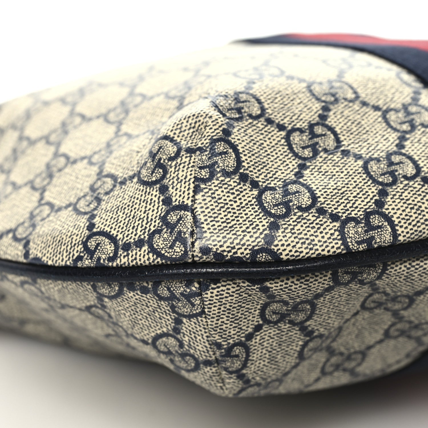 GG Supreme Monogram Textured Dollar Calfskin Web Small Ophidia Half Moon Hobo Beige Blue