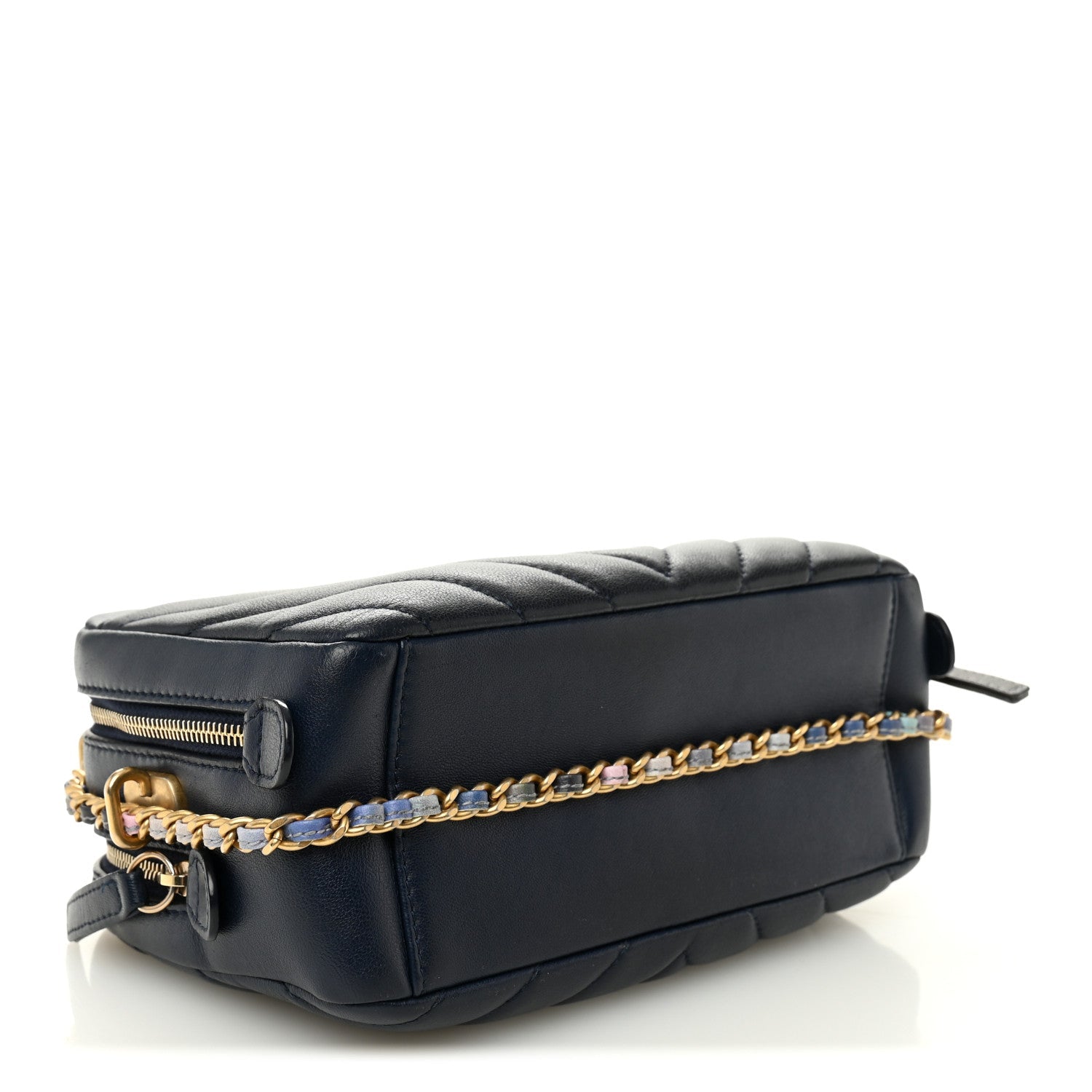 Lambskin Chevron Quilted Chain Around Camera Case Navy