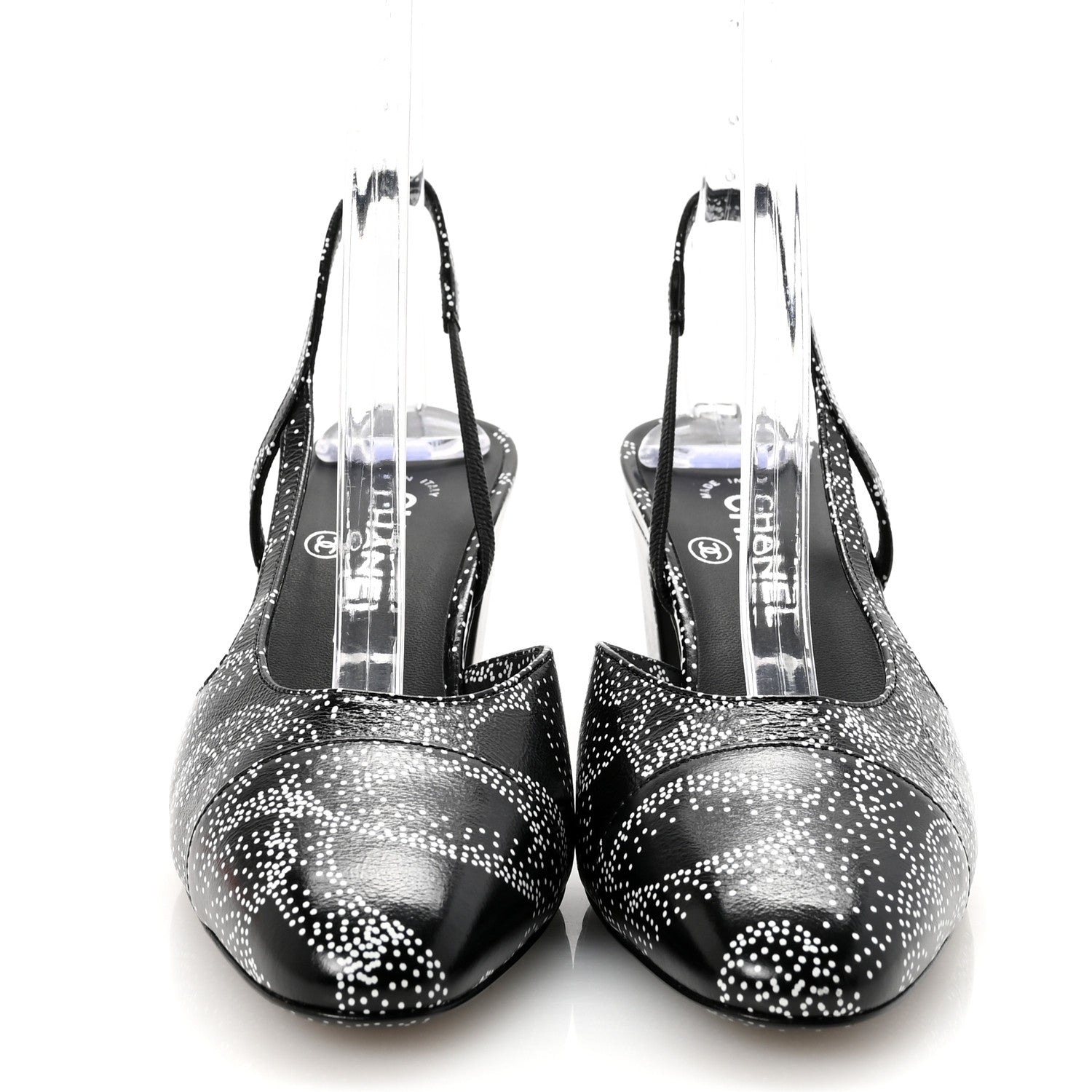 Calfskin Camellia Printed Cap Toe CC Slingback Pumps 37 Black White