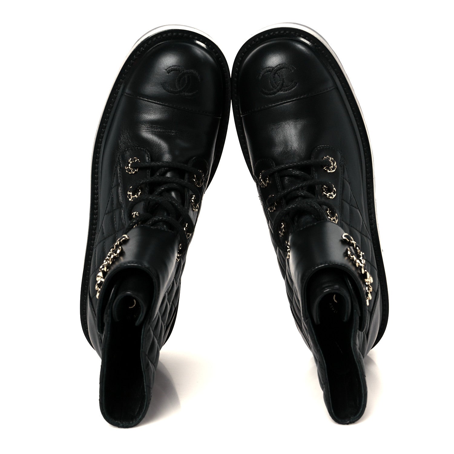 Shiny Lambskin Quilted Lace Up Combat Boots 39 Black
