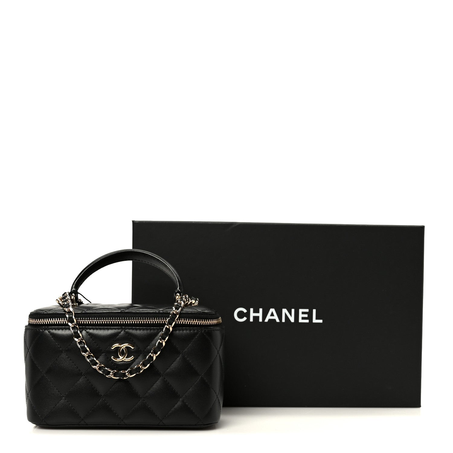 Lambskin Quilted Small Top Handle Vanity Case With Chain Black