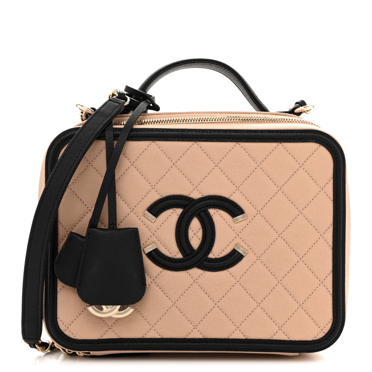 Caviar Quilted Large CC Filigree Vanity Case Beige Black