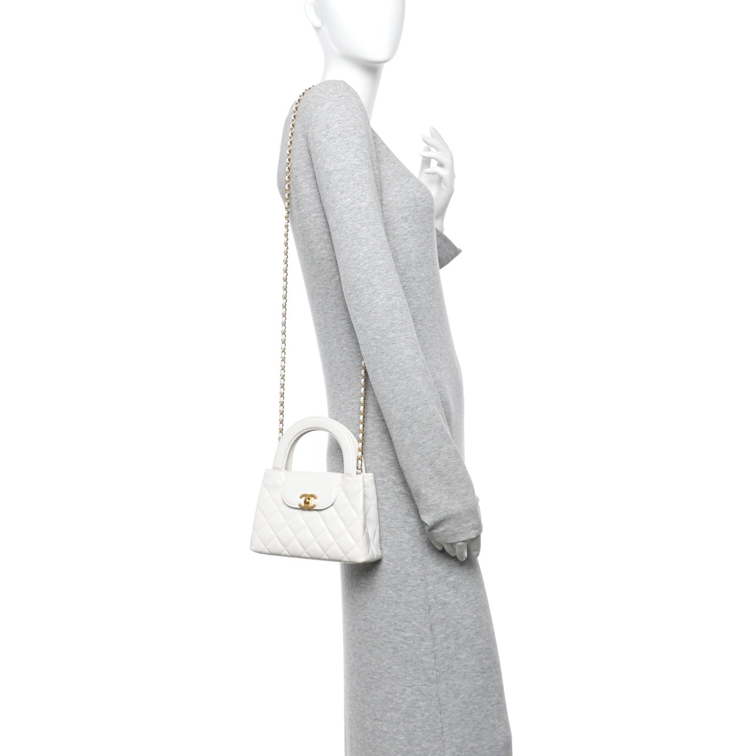 Shiny Aged Calfskin Quilted Nano Kelly Shopper White