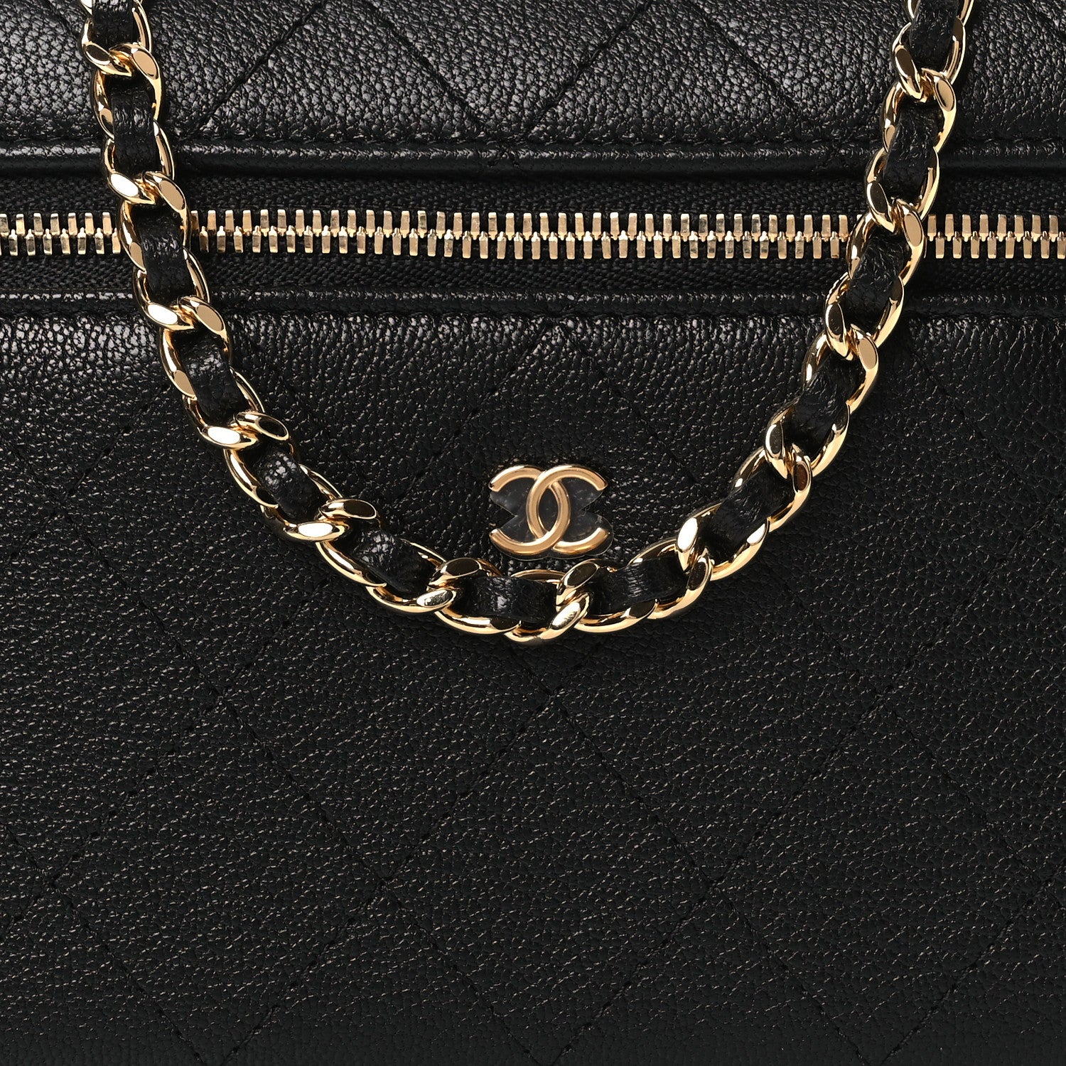 Goatskin Stitched Top Handle Slim Vanity With Chain Black