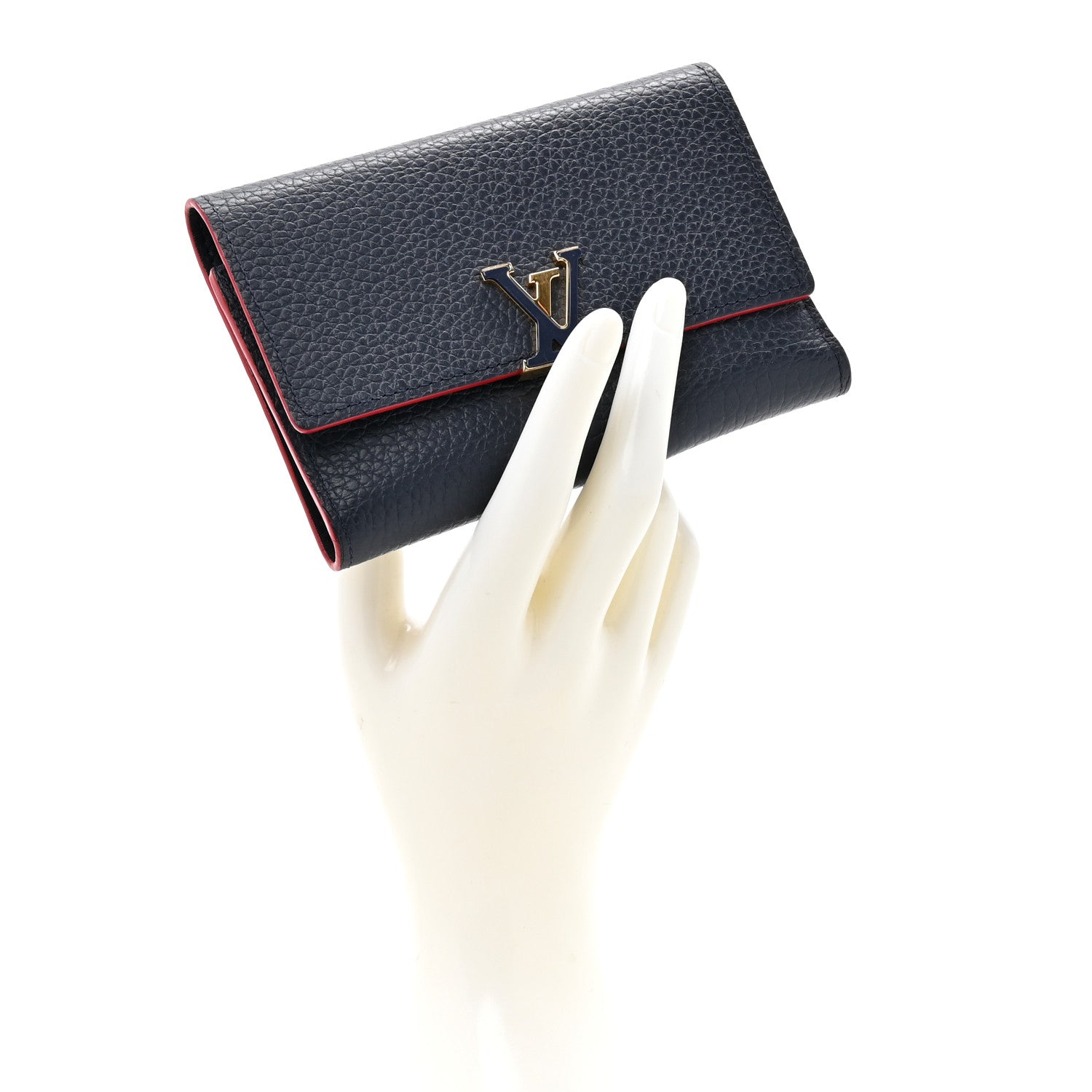 Taurillon Capucines Compact Wallet Marine Rouge