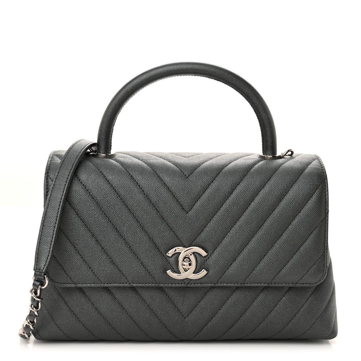 Metallic Caviar Chevron Quilted Small Coco Handle Flap Dark Silver