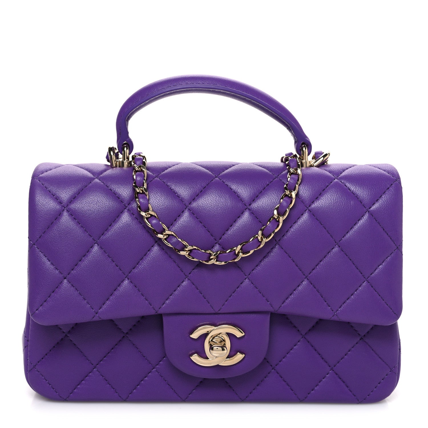 Lambskin Quilted Mini Top Handle Rectangular Flap Dark Purple