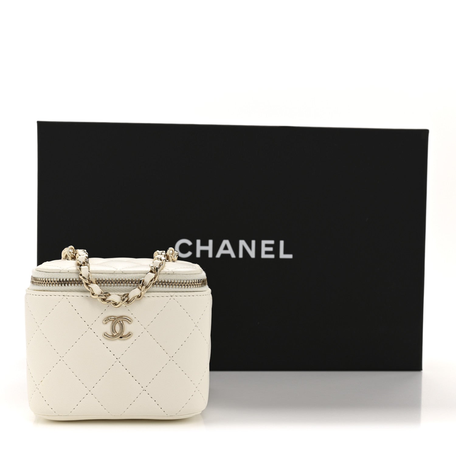Lambskin Quilted Enamel Pearl Crush Mini Vanity Case With Chain White