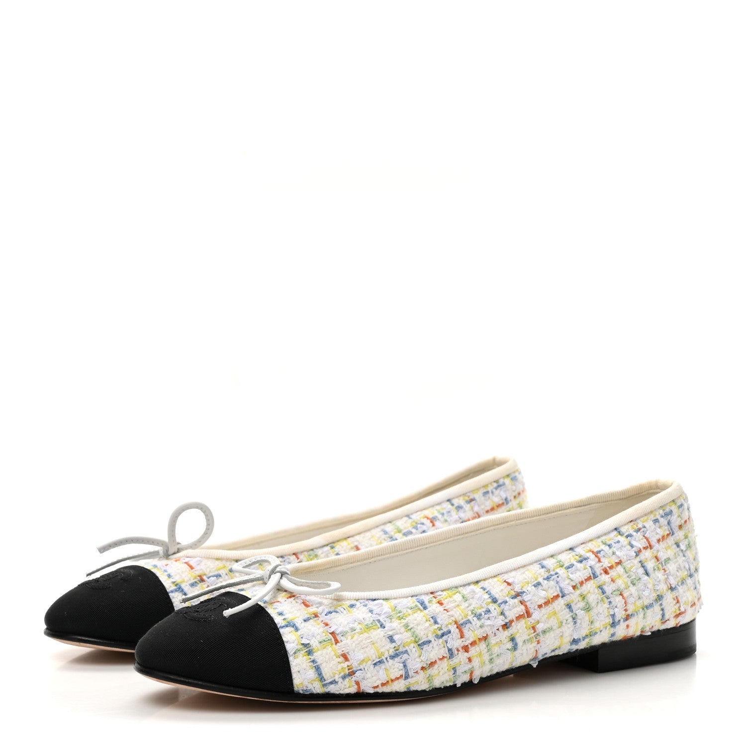 Tweed Grosgrain Cap Toe Ballerina Flats 37.5 White Multicolor