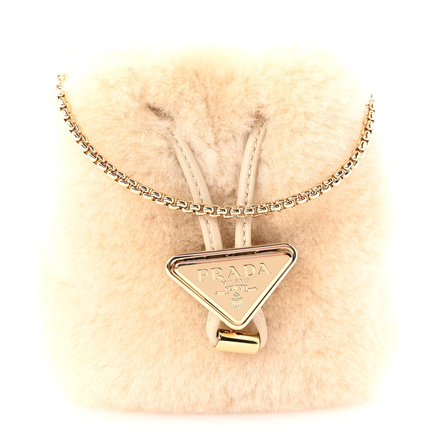 Shearling Metal Triangle Logo Mini Drawcord Pouch Shoulder Bag Ecru
