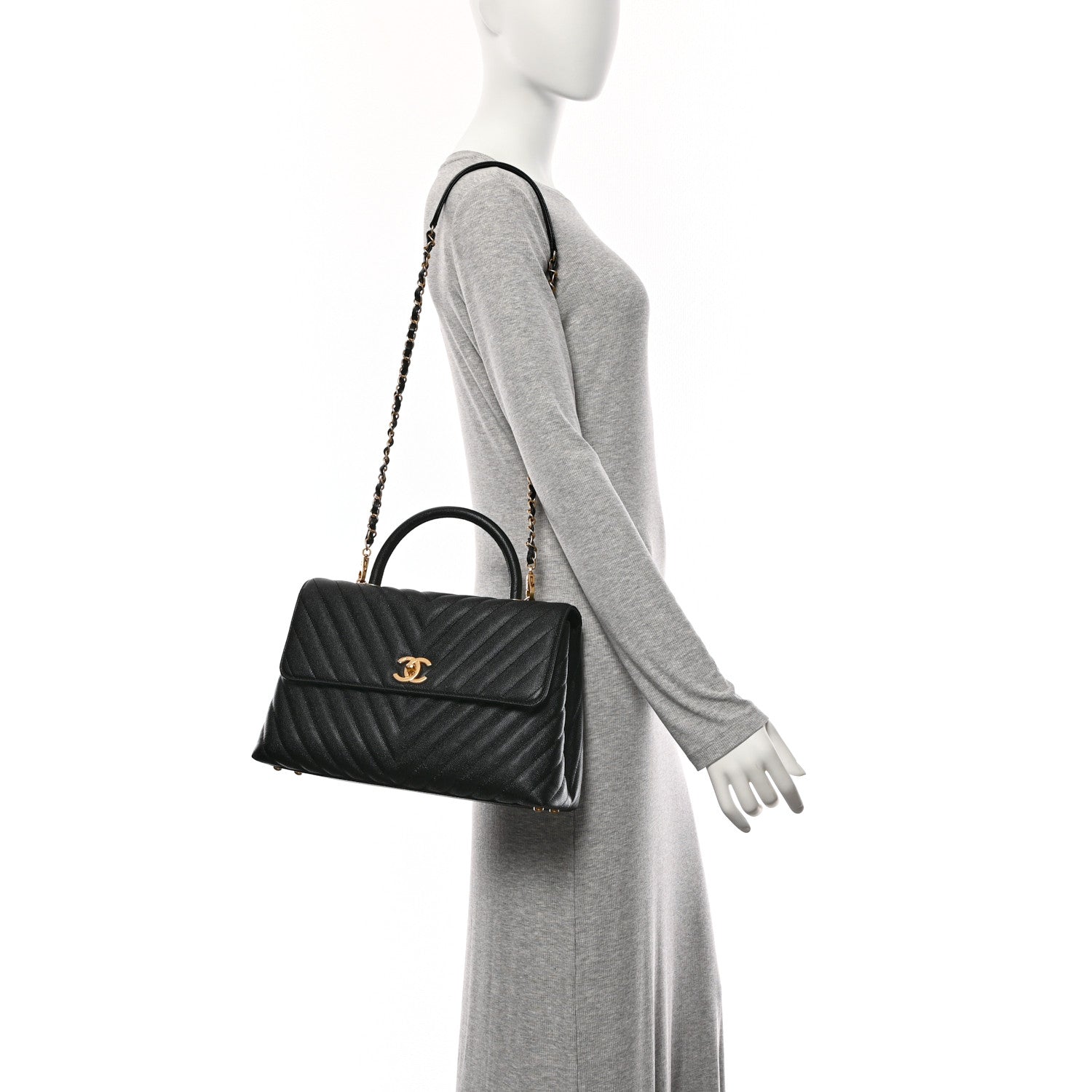 Caviar Chevron Quilted Medium Coco Handle Flap Black