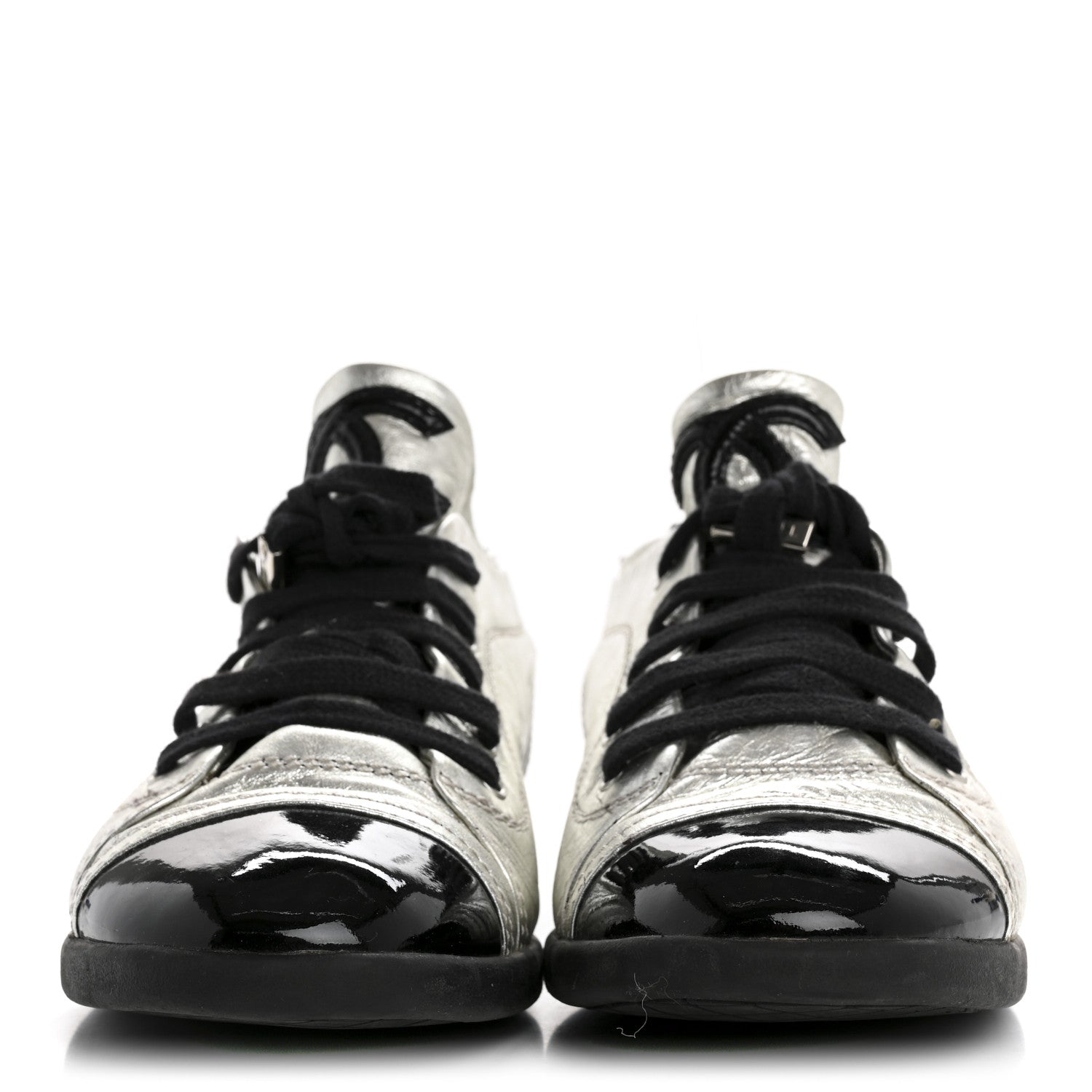 Metallic Lambskin Patent Cap Toe CC Sneakers 38.5 Silver Black