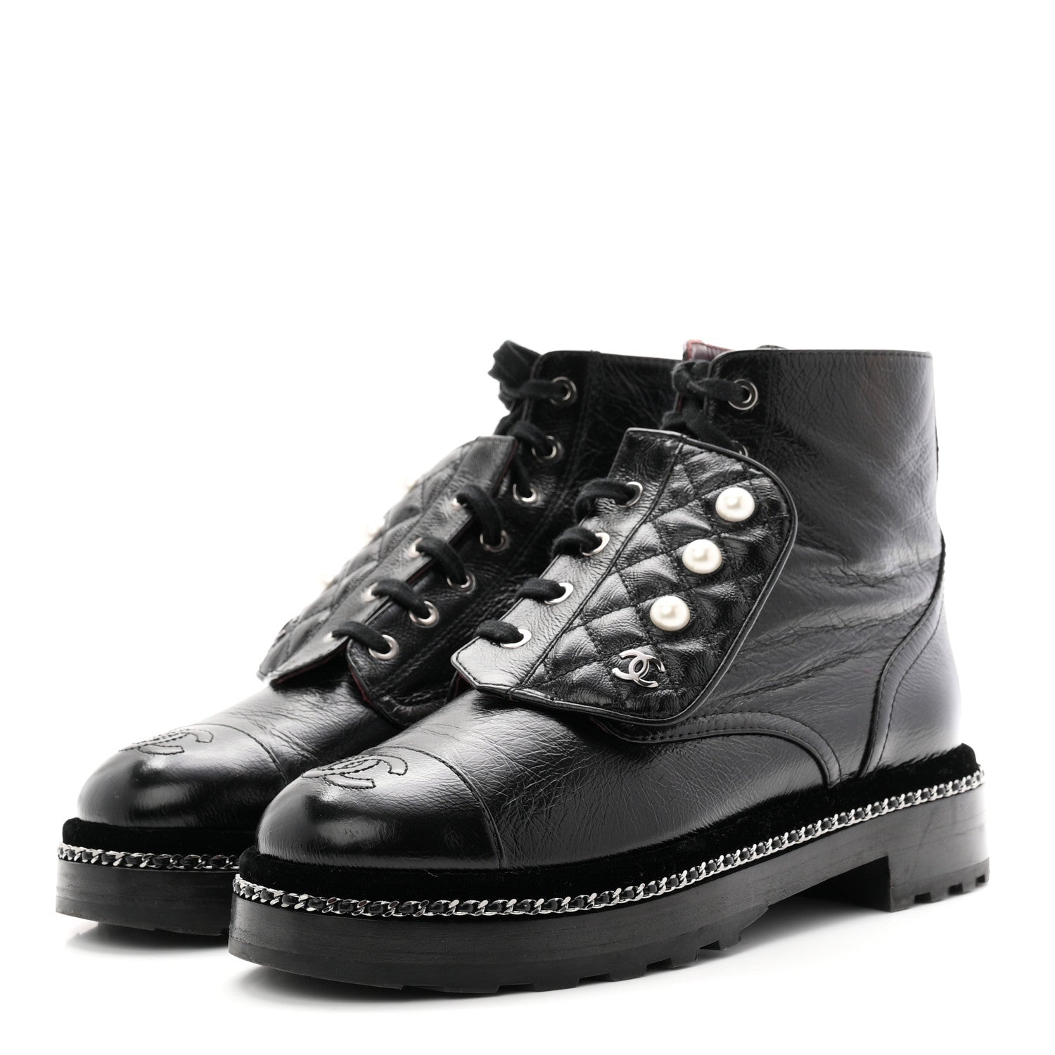 Crackled Calfskin Velvet Pearl Combat Short Boots 38 Black