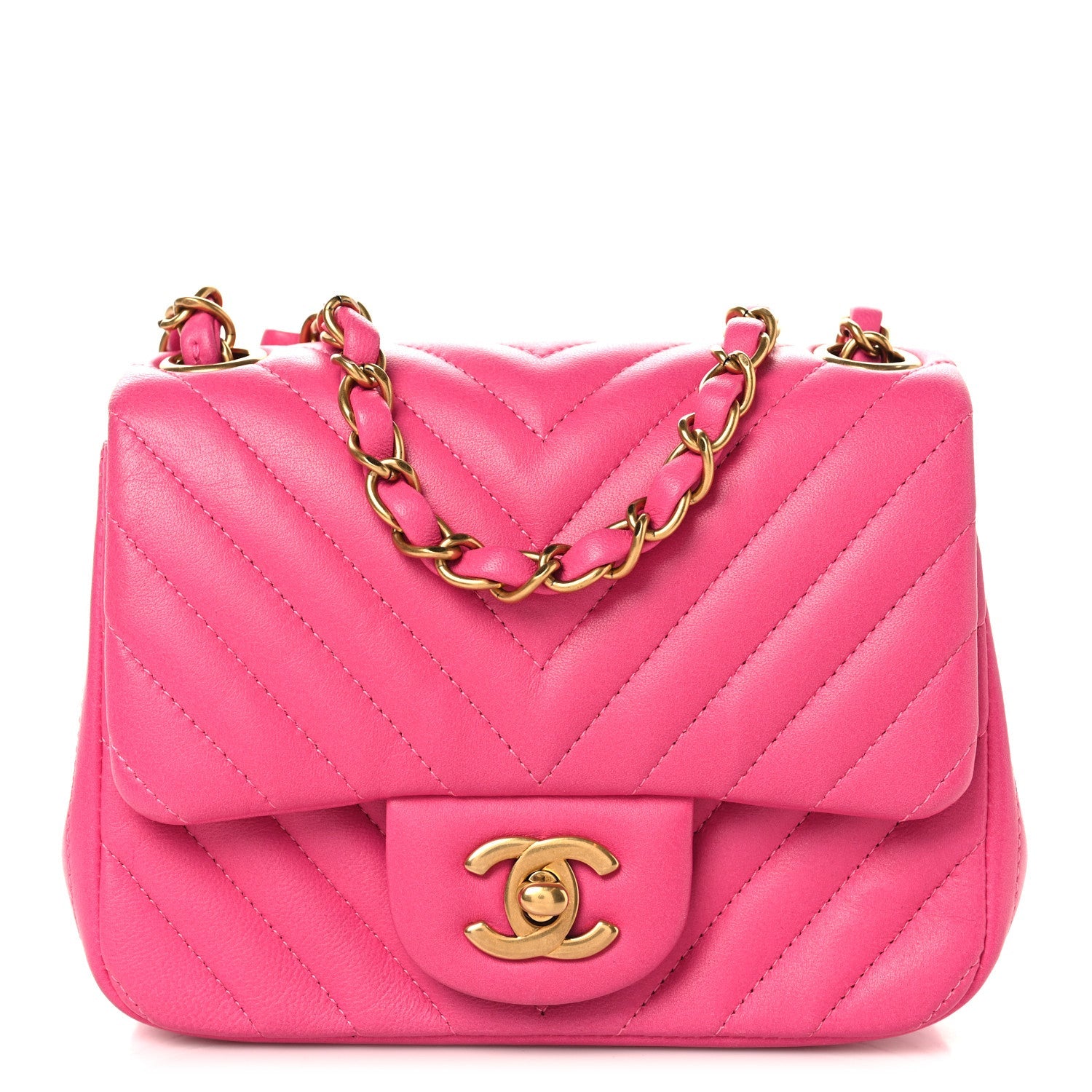Lambskin Chevron Quilted Mini Square Flap  Pink