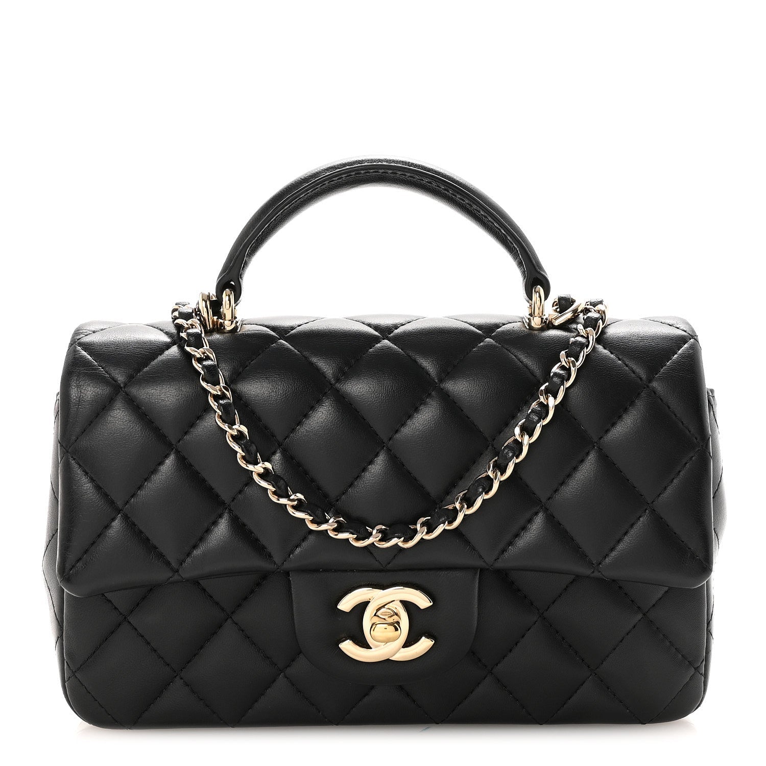 Lambskin Quilted Mini Top Handle Rectangular Flap Black