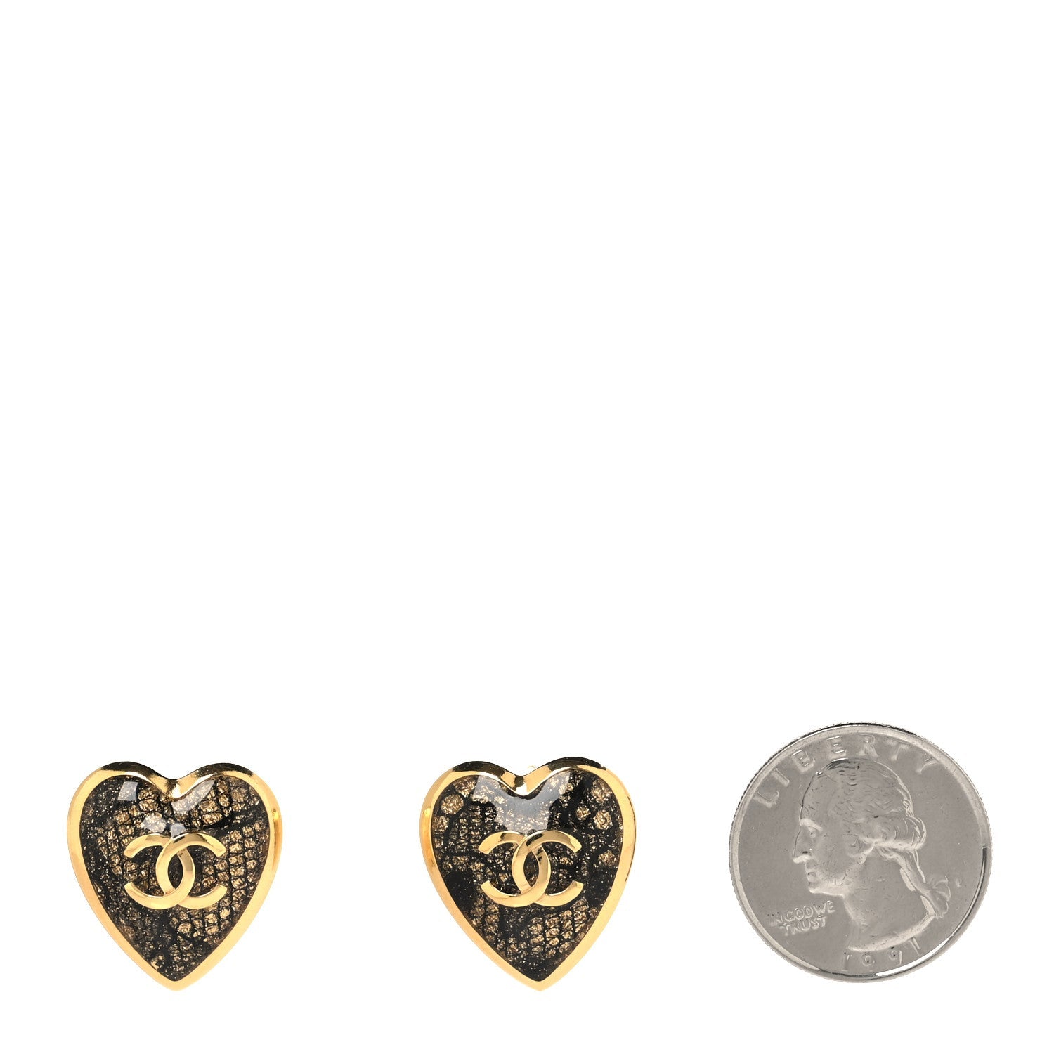 Metal Lace Resin Glass CC Heart Earrings Gold Black