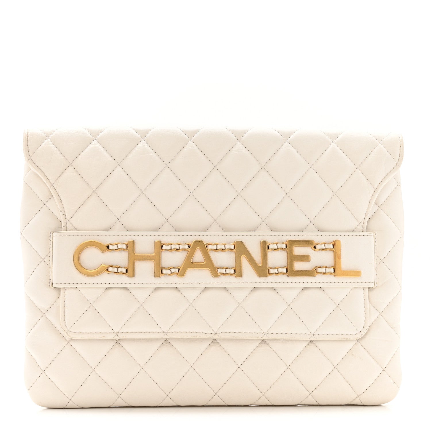 Calfskin Quilted Enchained Clutch White