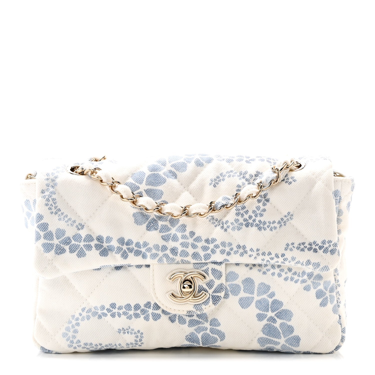 Printed Denim Coco Beach Quilted Small Single Flap Light Blue White