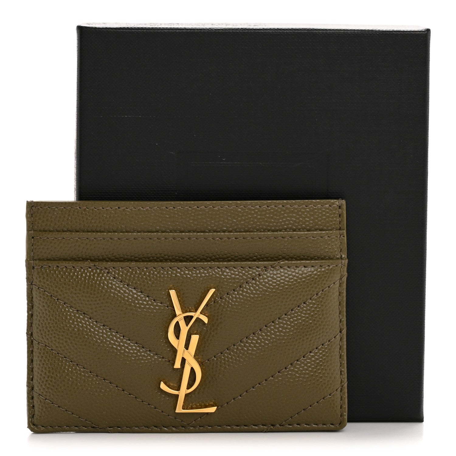 Grain De Poudre Matelasse Chevron Monogram Credit Card Case Vert Kaki