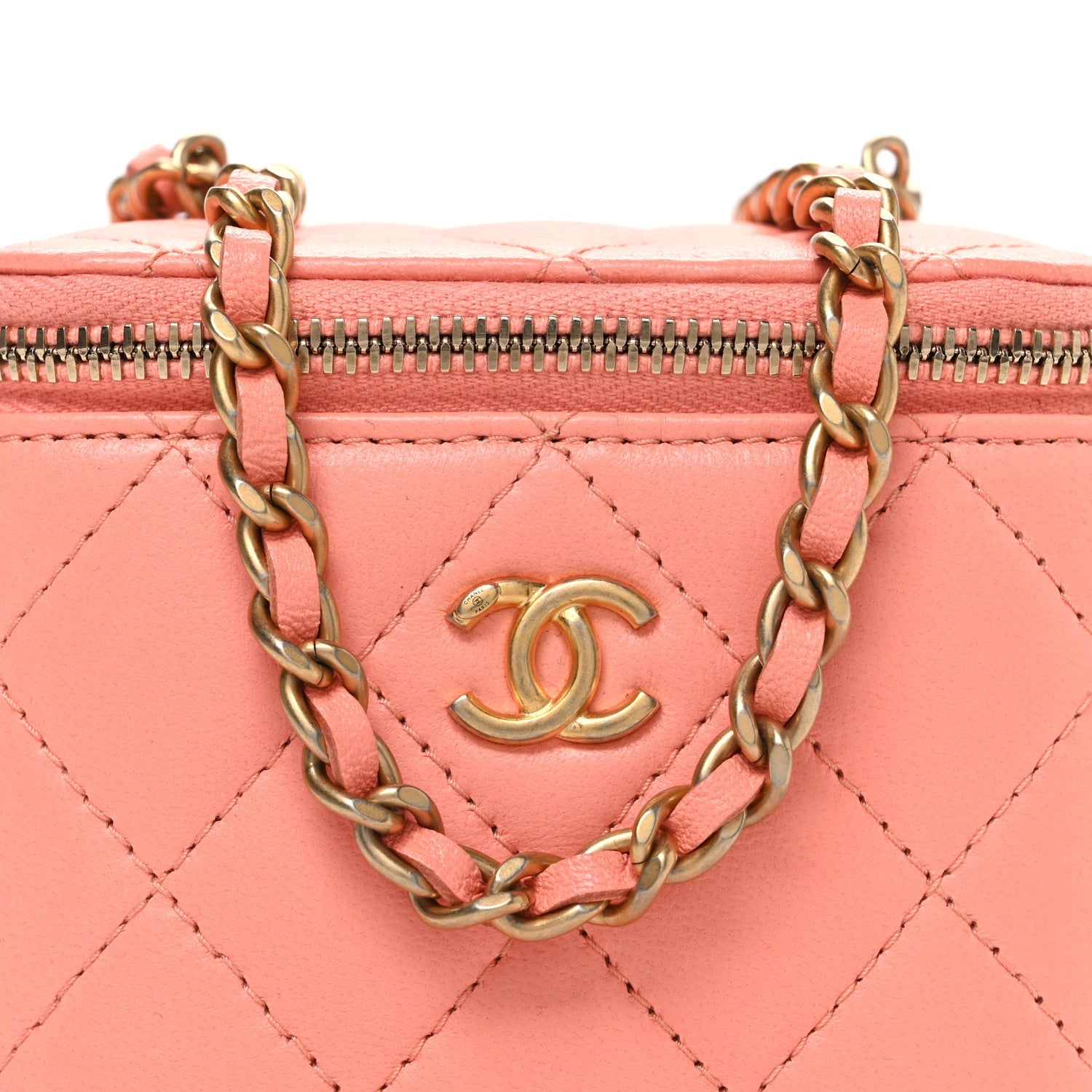 Lambskin Quilted Pearl Crush Mini Vanity Case With Chain Coral