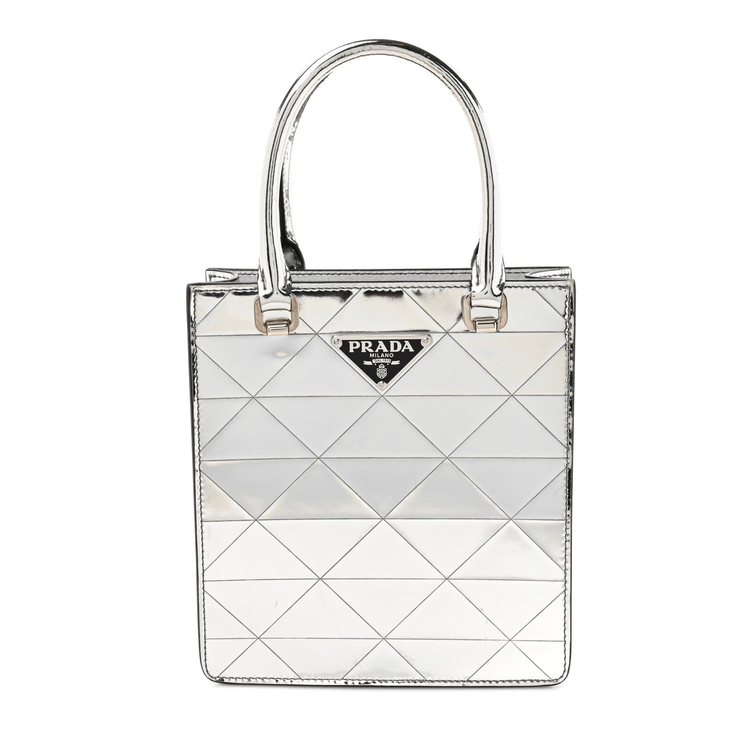 Spazzolato Metal Triangle Logo Triangle Patterned Small Double Handle Crossbody Tote Argento