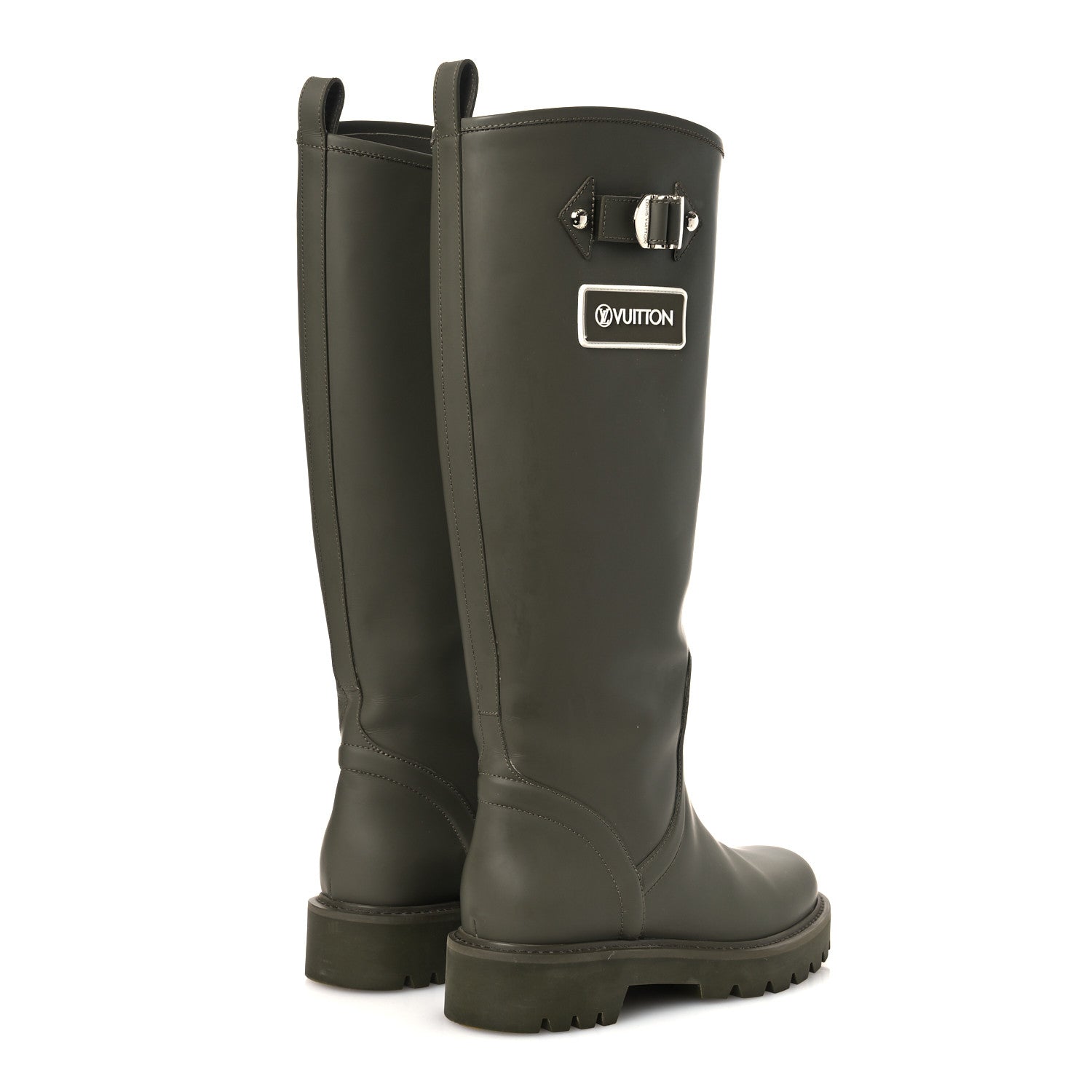 Rubber Calfskin Territory Flat High Boots 36 Khaki