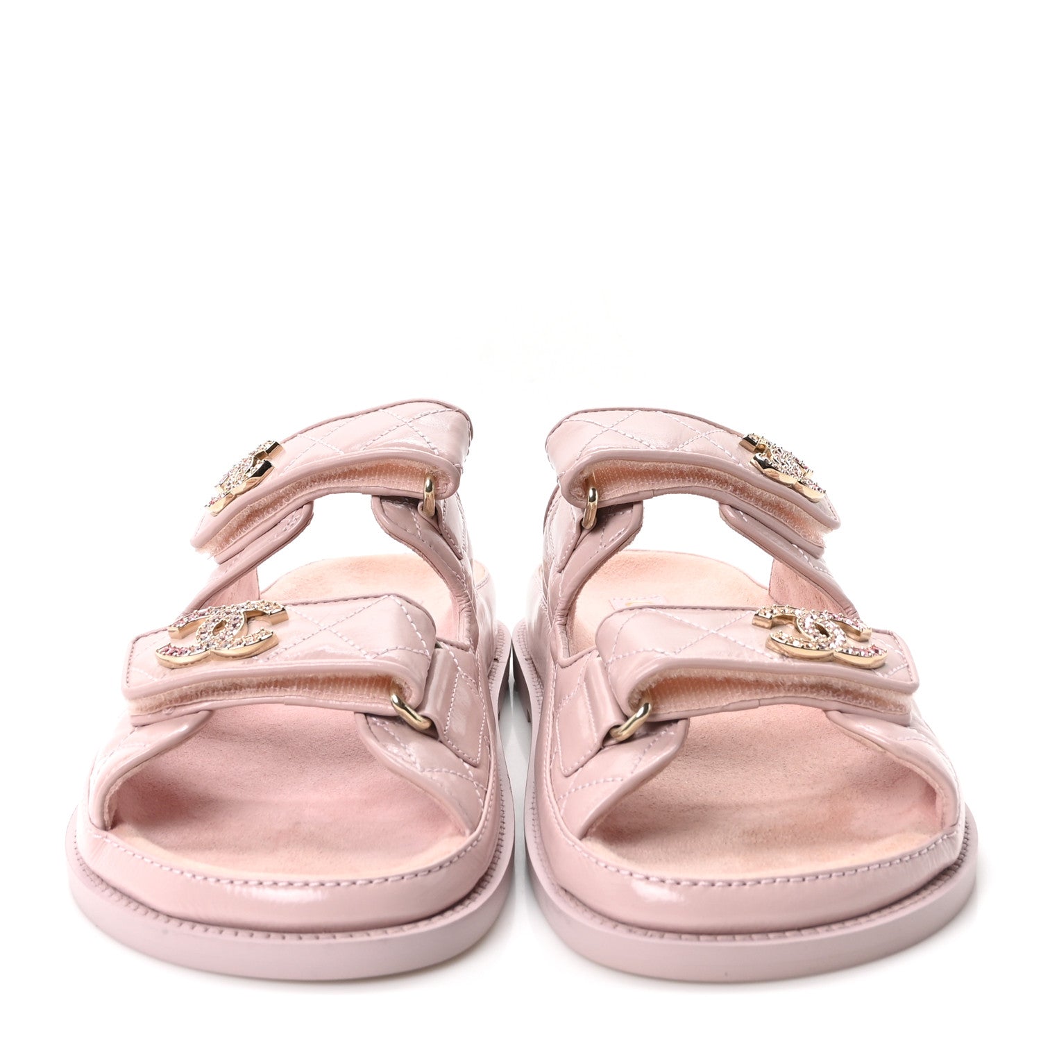 Shiny Calfskin Quilted Velcro Dad Crystal CC Slide Sandals 37.5 Light Pink