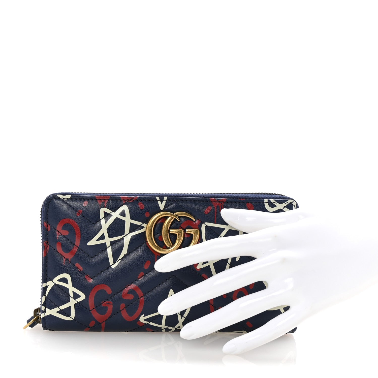 Calfskin Matelasse GucciGhost GG Marmont Zip Around Wallet Blue Agata Hibiscus Red