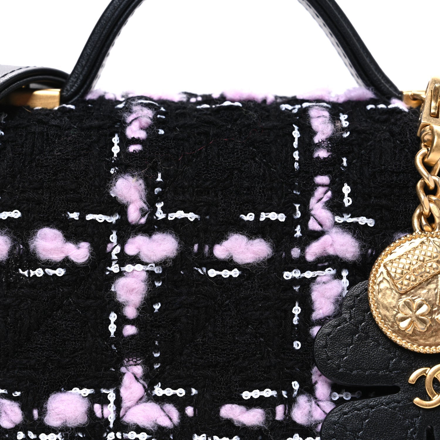 Tweed Calfskin School Memory Mini Top Handle Flap Black Pink White