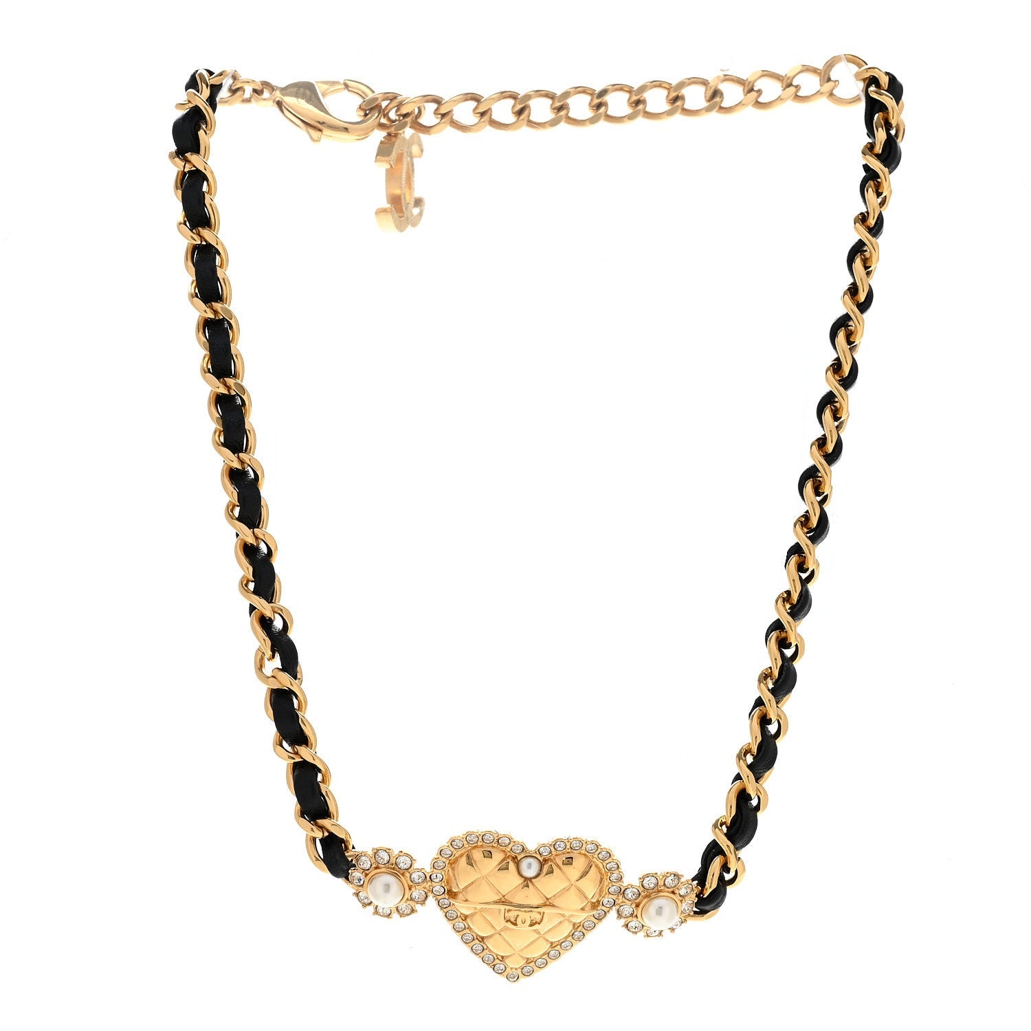 Metal Lambskin Glass Pearl Strass Heart Choker Gold Black