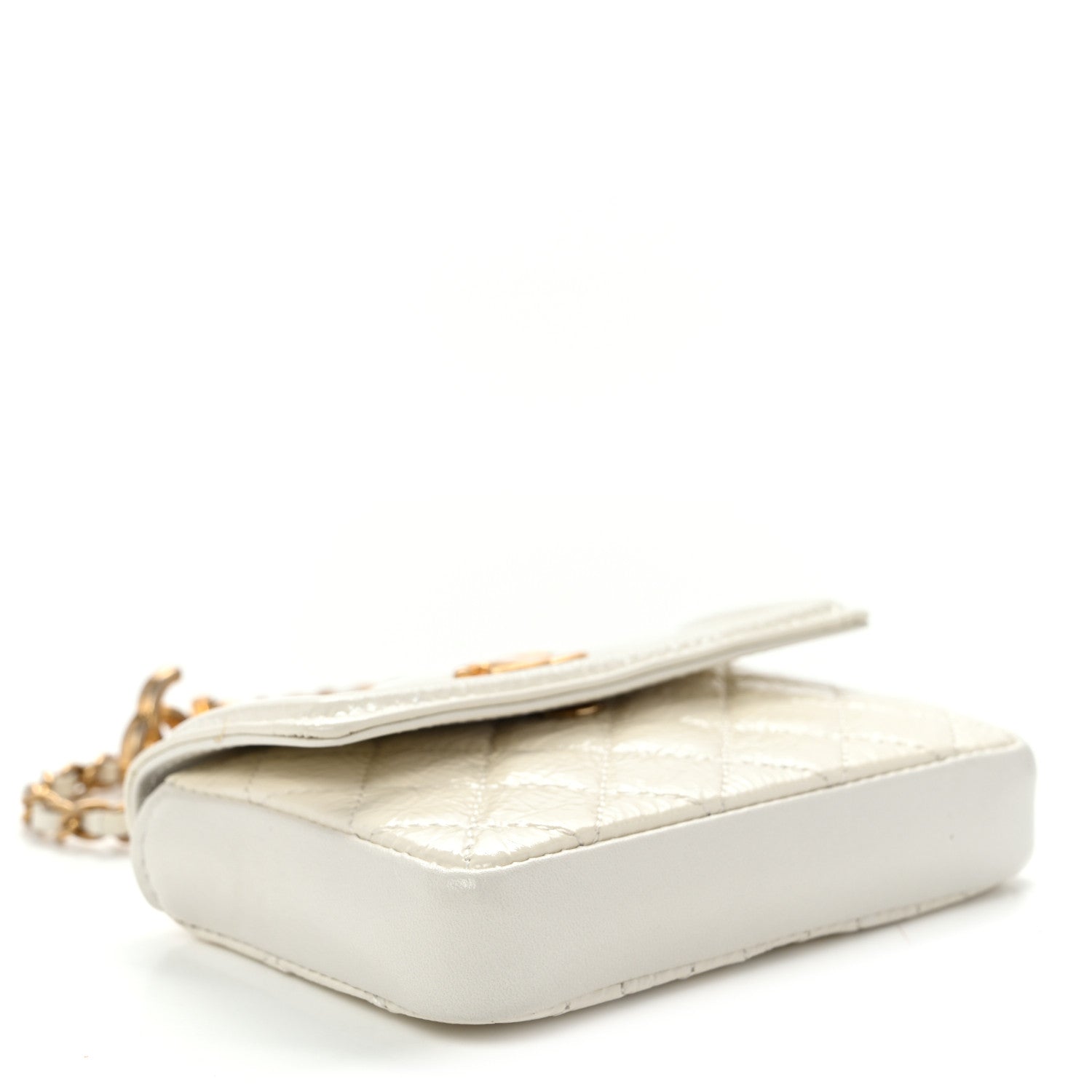 Shiny Aged Calfskin Quilted Waist Belt Bag White