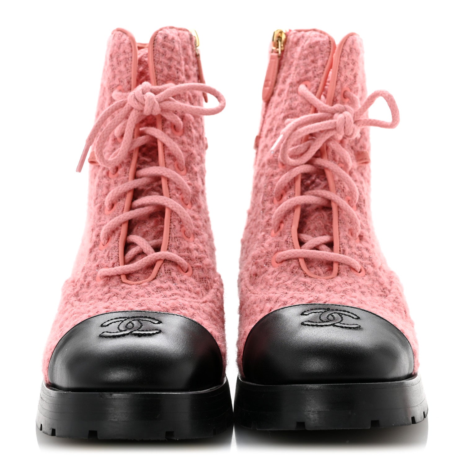 Wool Tweed Calfskin Chain Lace Up Combat Boots 38.5 Pink Black