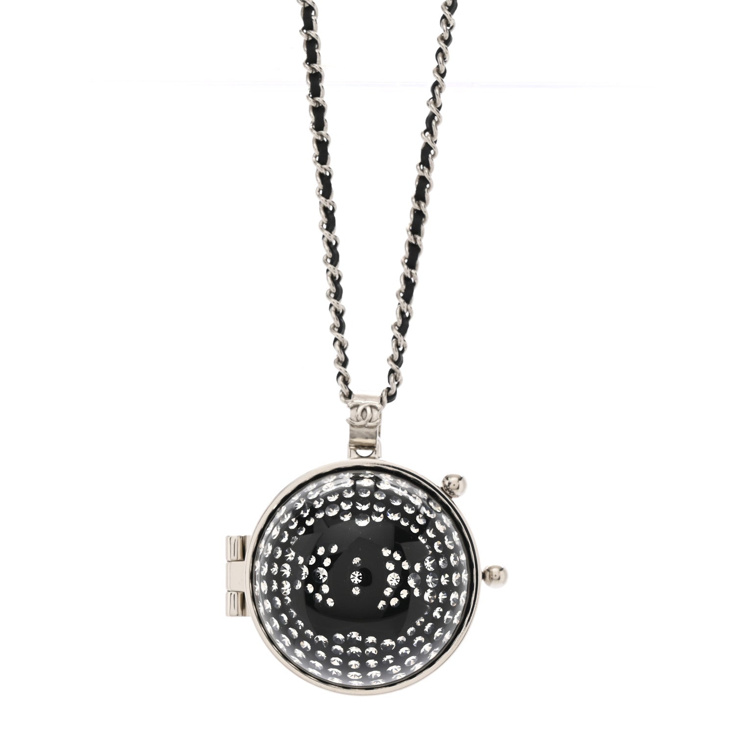 Resin Crystal Lambskin Ball Mirror Necklace Black Silver