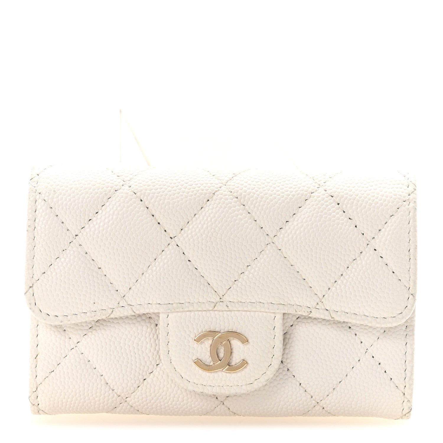 Caviar Quilted Flap Card Holder Wallet White