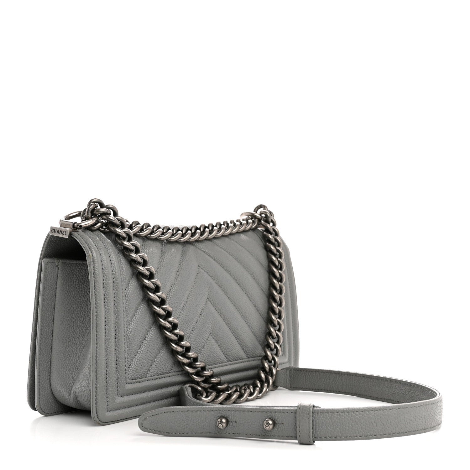 Caviar Chevron Quilted Medium Boy Flap Grey
