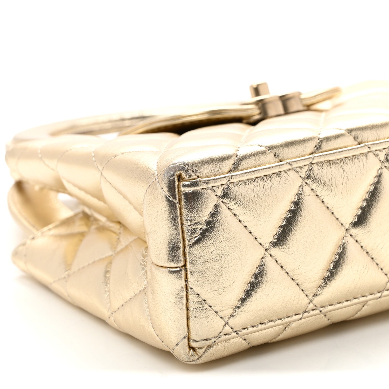 Metallic Shiny Aged Calfskin Quilted Nano Kelly Shopper Gold