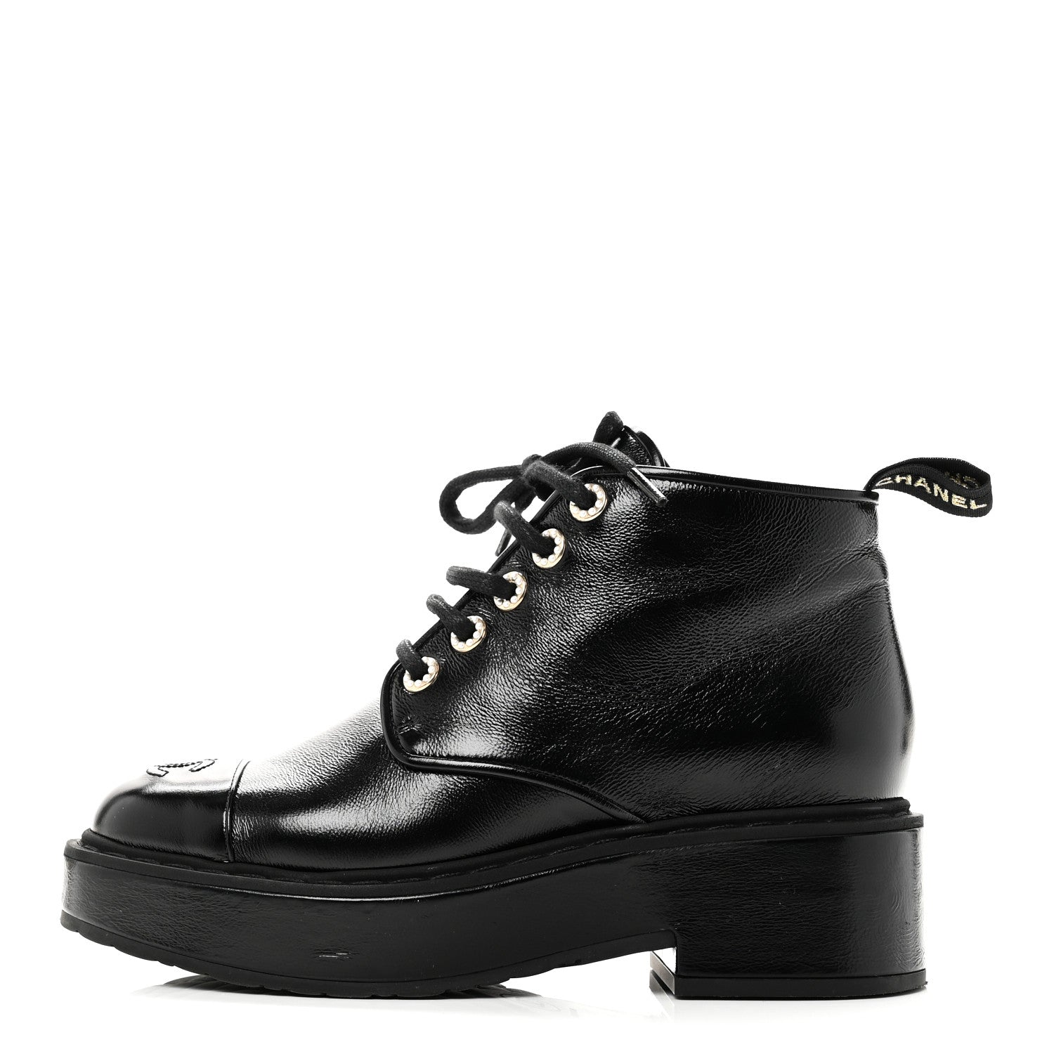 Shiny Calfskin Pearl Lace Up Combat Short Boots 38 Black