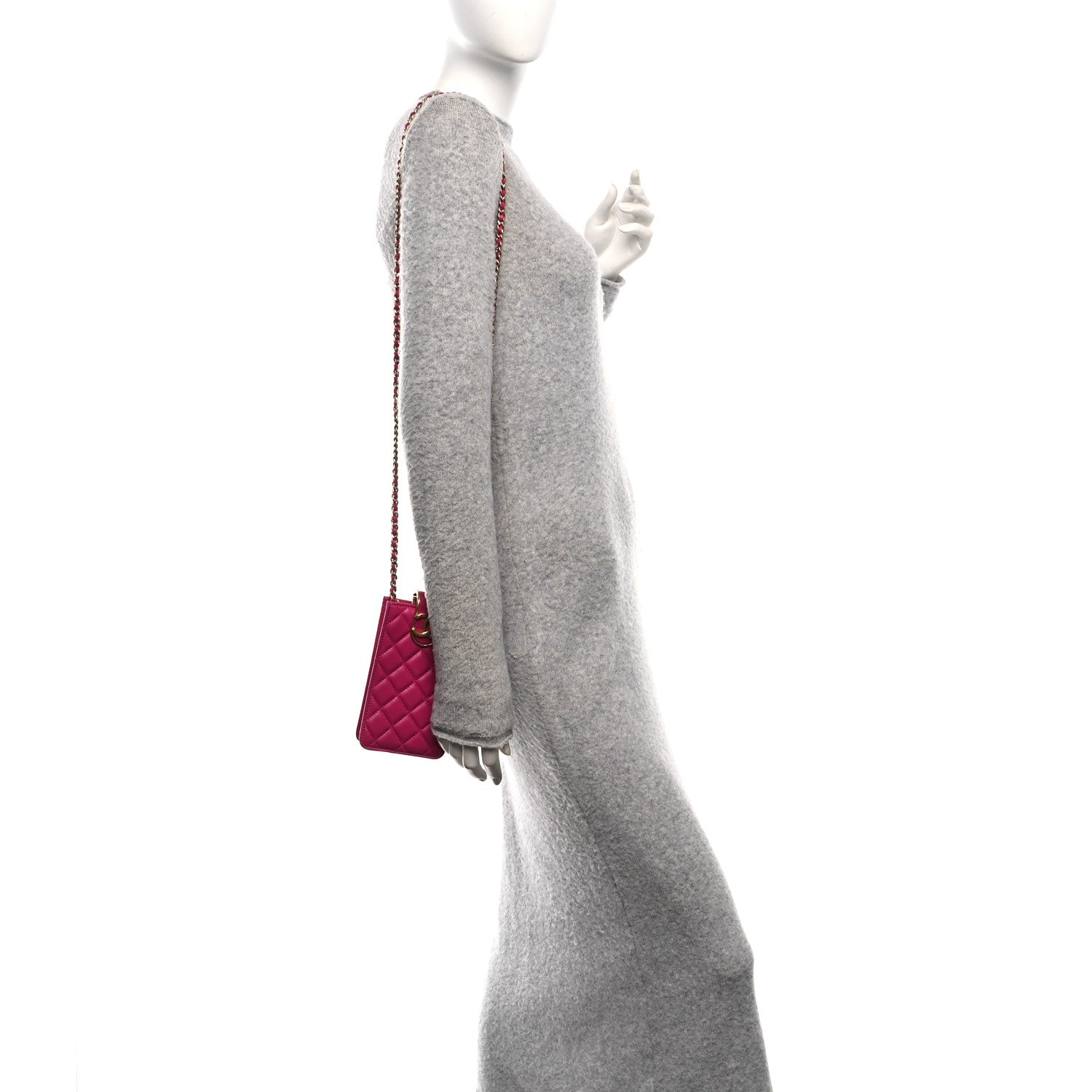 Lambskin Quilted Phone Holder With Chain Fuchsia