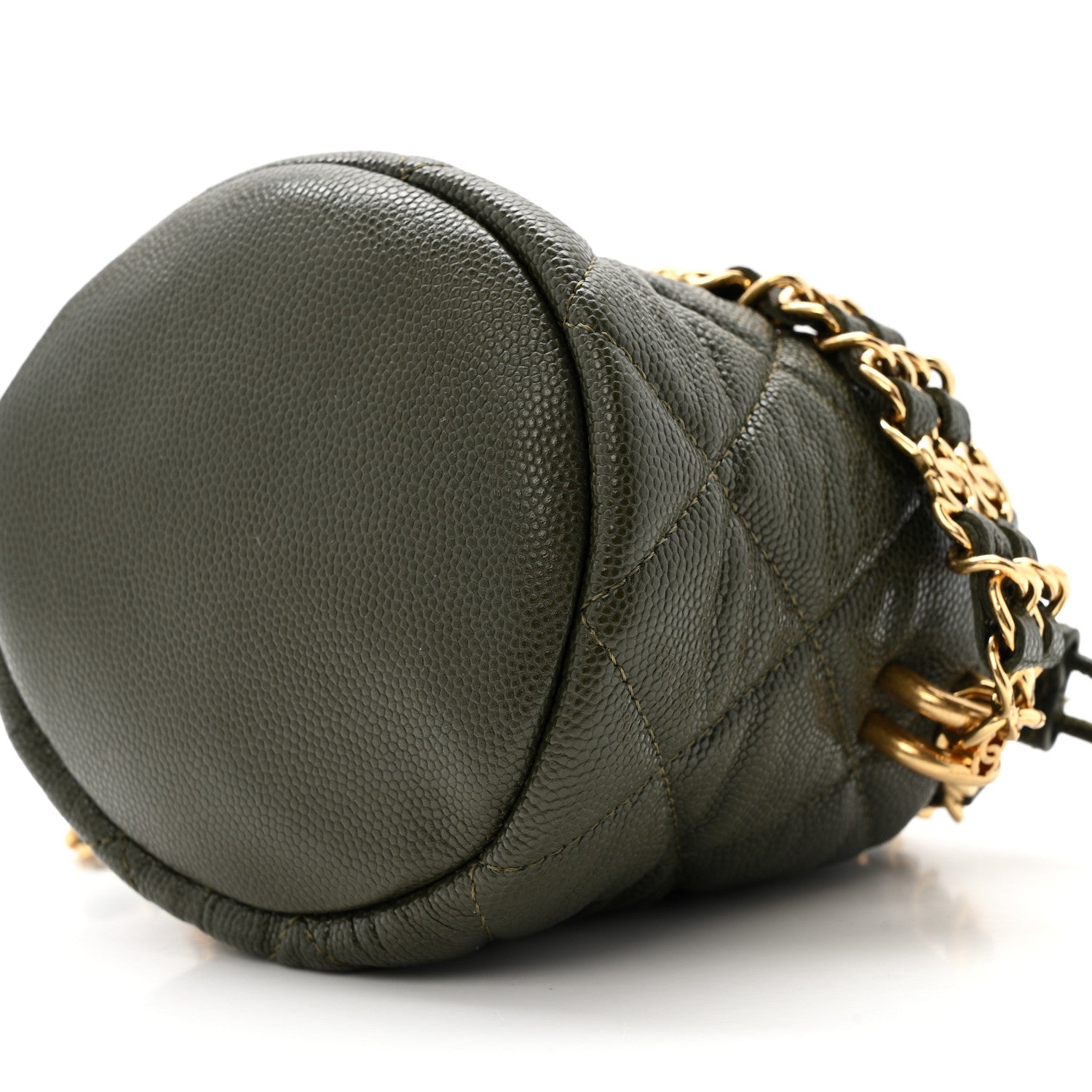 Caviar Quilted Coco First Bucket Clutch With Chain Khaki