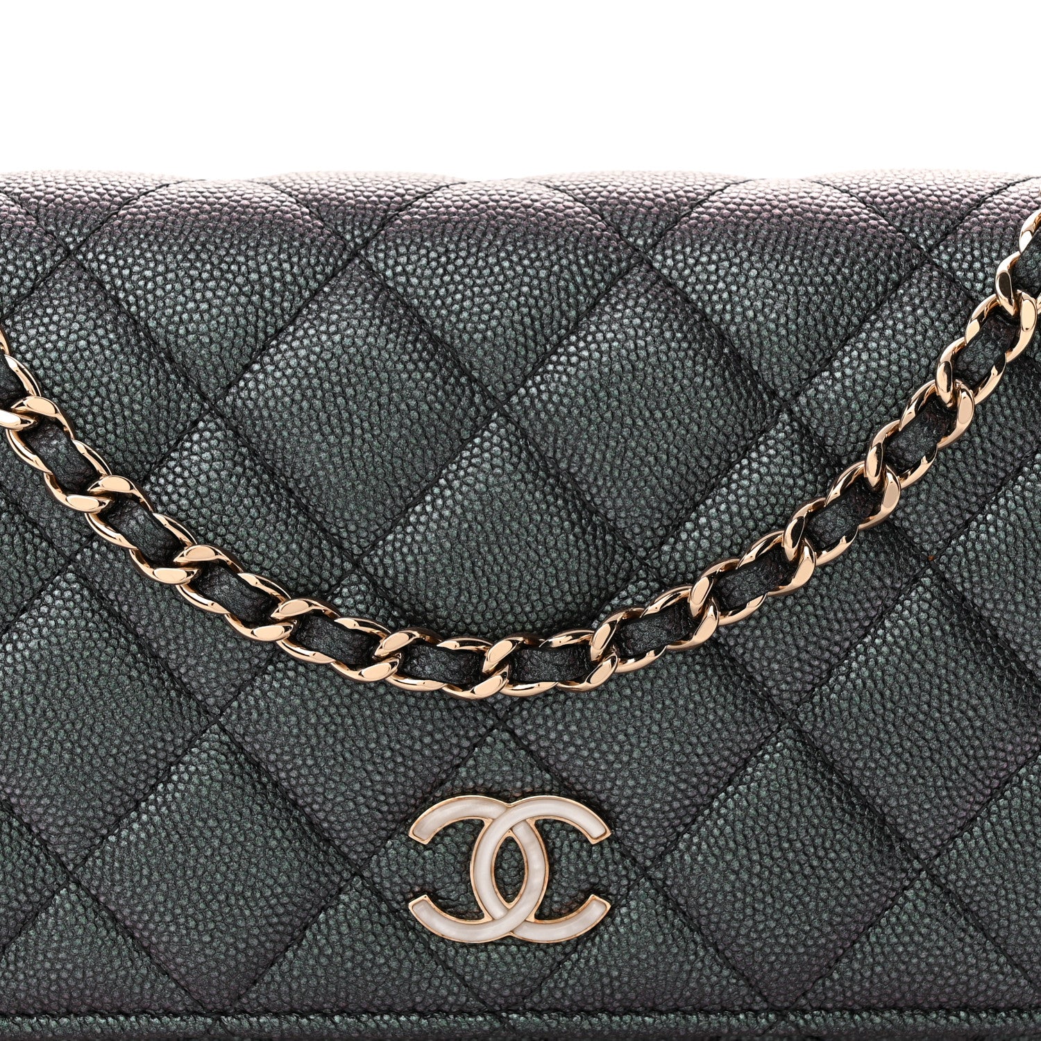 Iridescent Caviar Quilted Wallet on Chain WOC Dark Blue