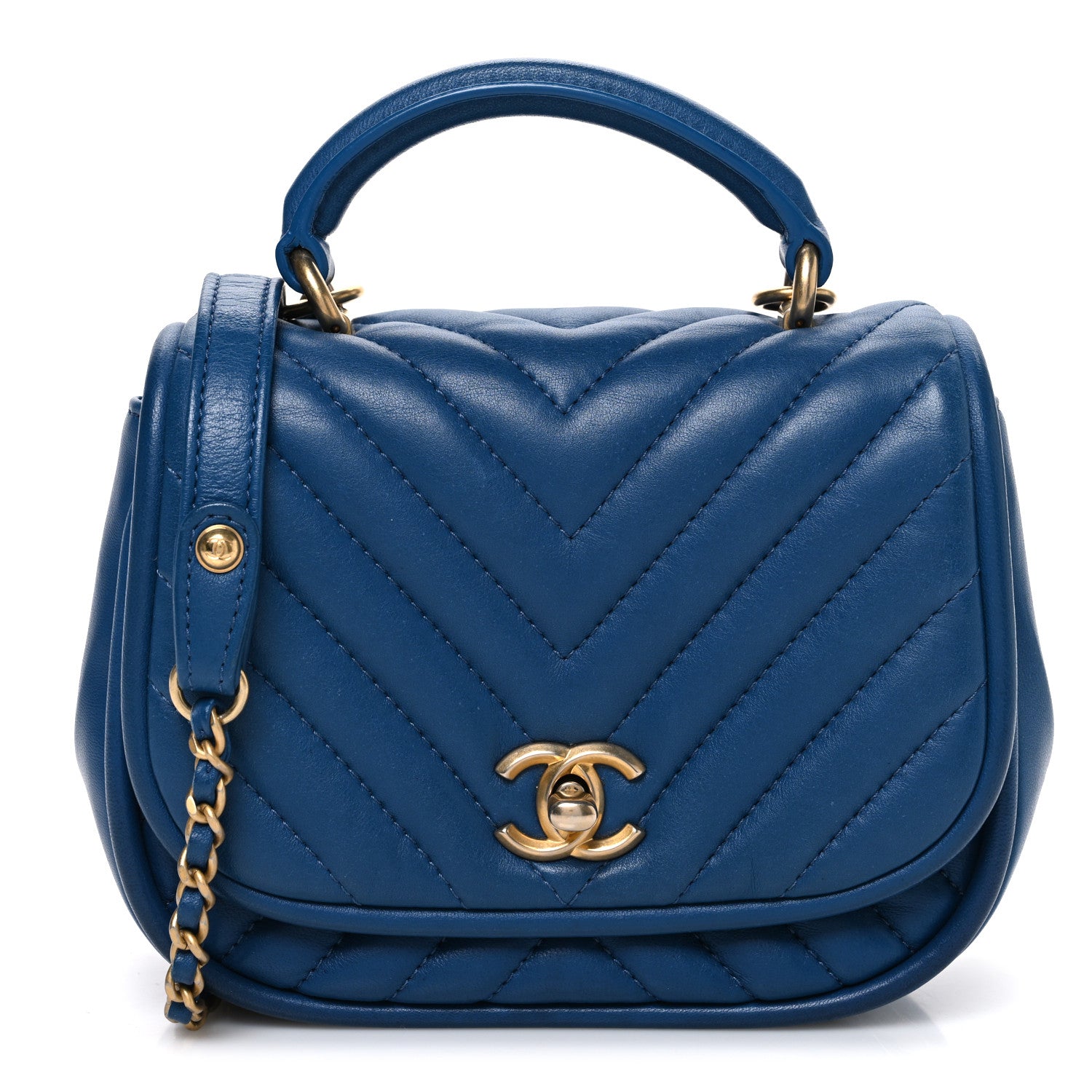 Lambskin Reverse Chevron Quilted Mini Round Top Handle Flap Blue