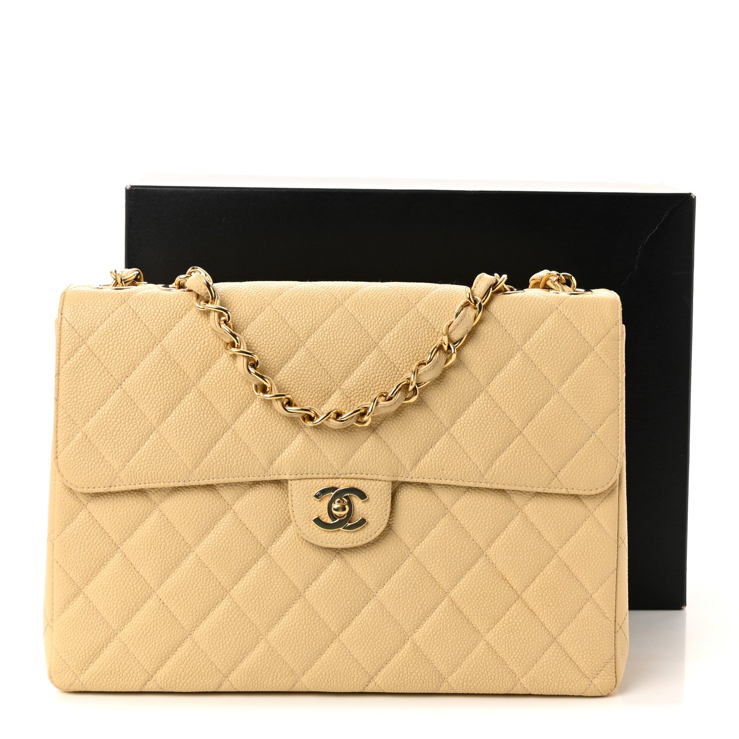 Caviar Quilted Jumbo Single Flap Beige
