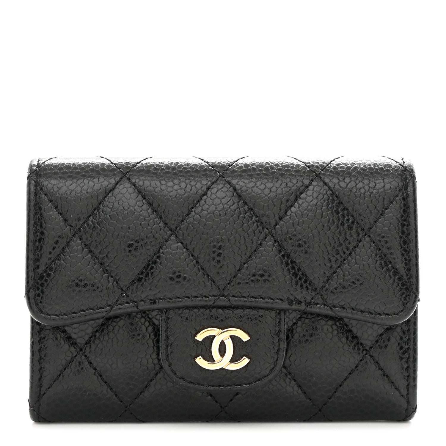 Caviar Quilted Flap Card Holder Wallet Black
