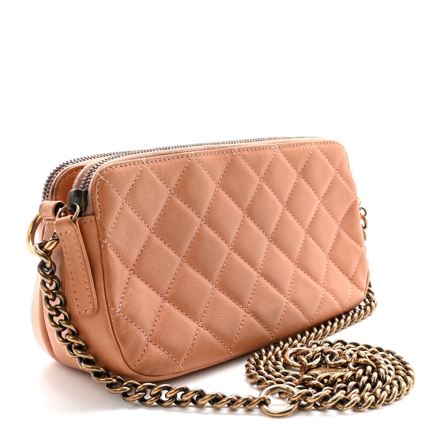 Calfskin Quilted Crown CC Double Zip Bag Beige