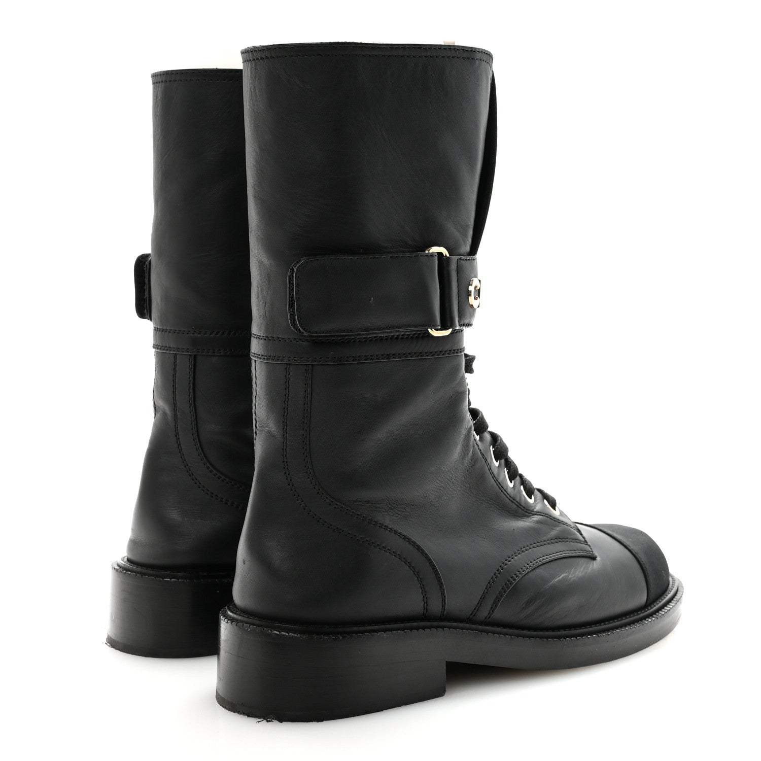 Shiny Calfskin Lace Up Combat Boots 37 Black