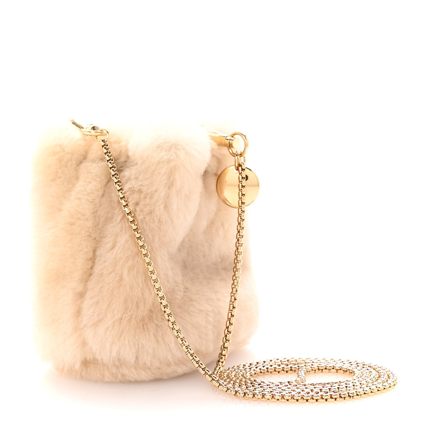Shearling Metal Triangle Logo Mini Drawcord Pouch Shoulder Bag Ecru