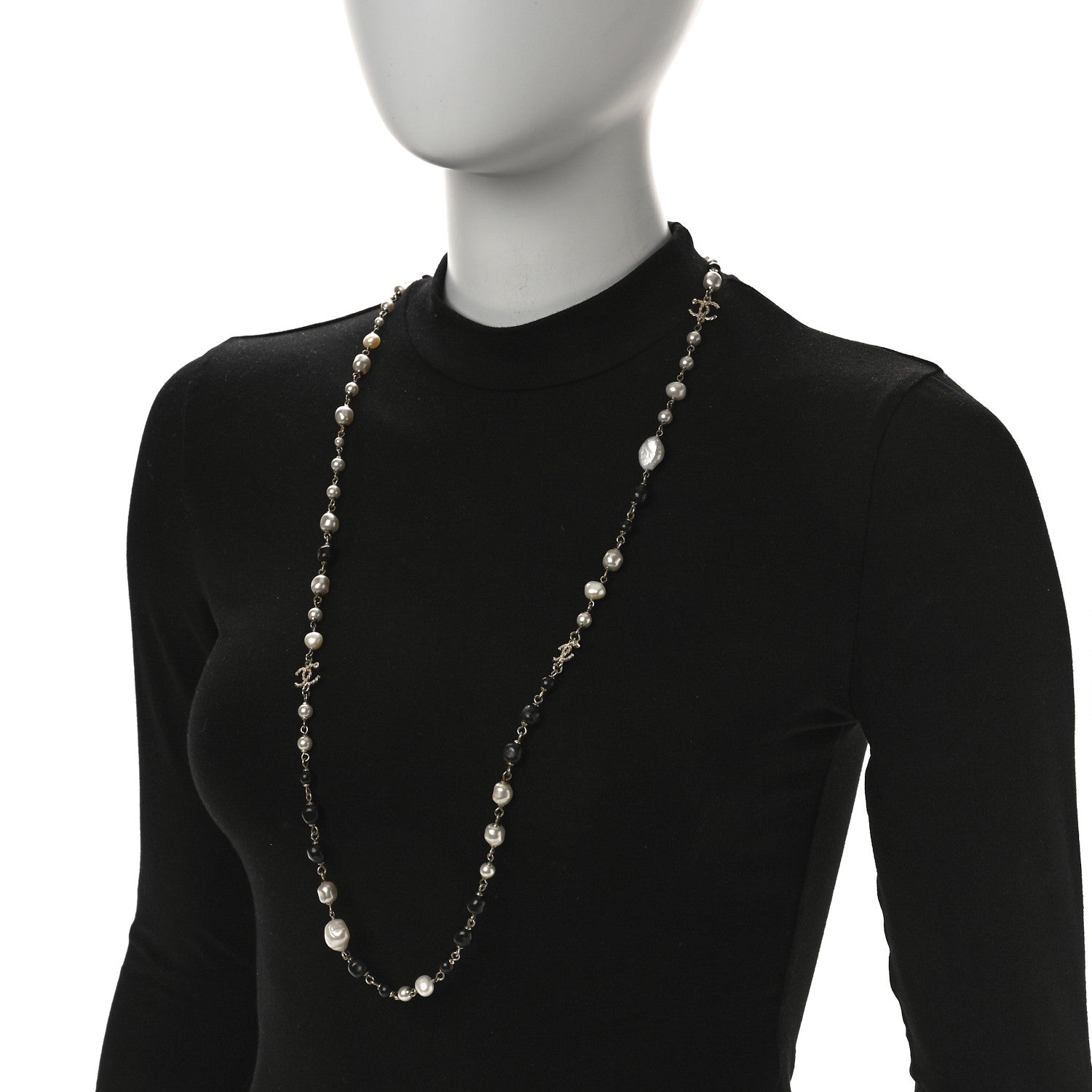 Pearl Beaded Crystal CC Long Necklace Gold Black White