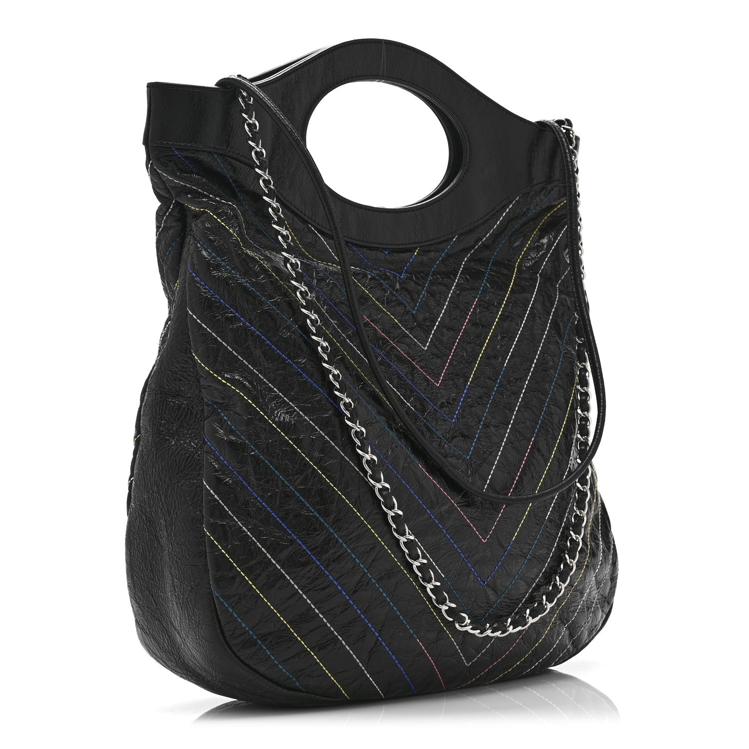 Glazed Calfskin Chevron Stitched Large 31 Shopping Bag Black Multicolor