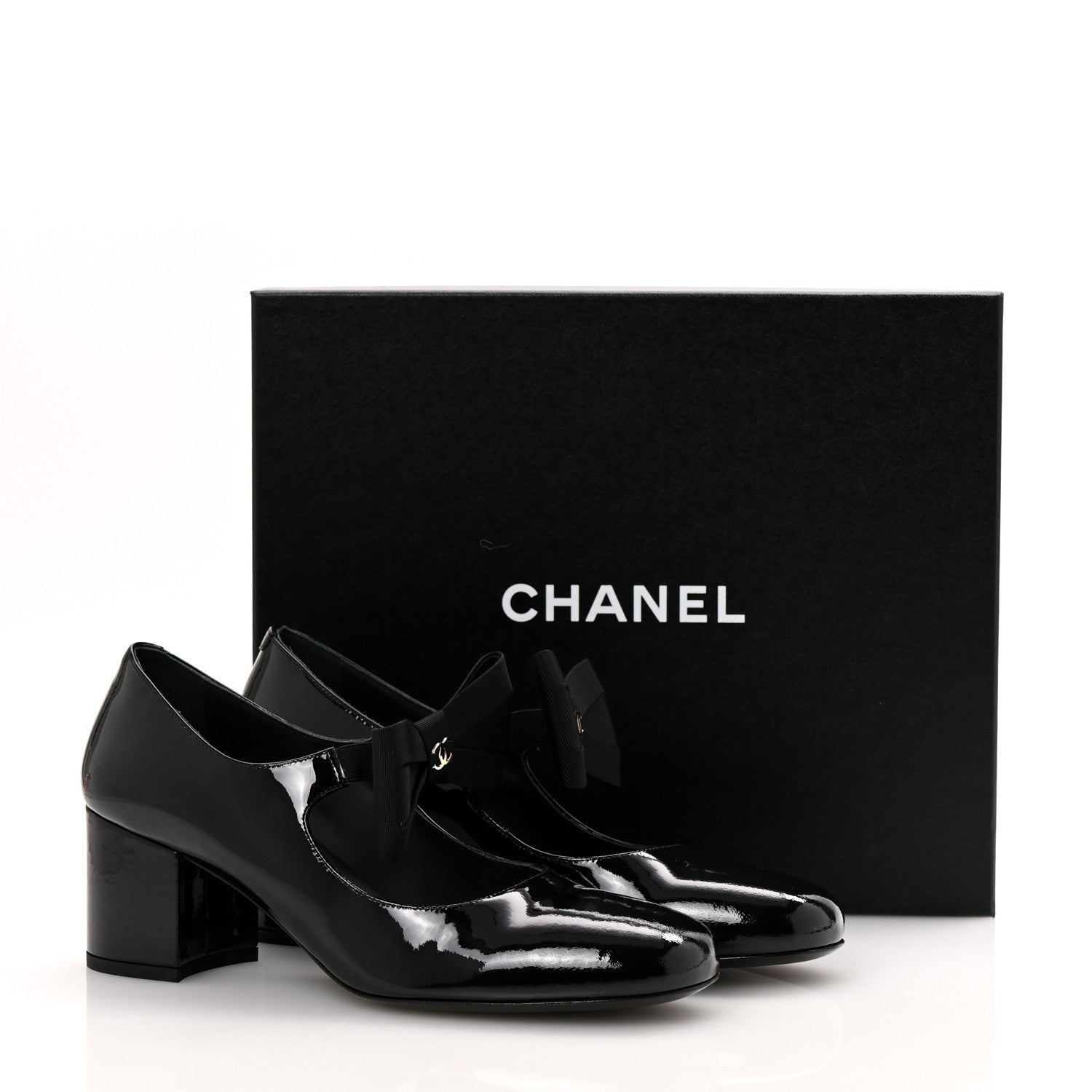 Patent Calfskin Grosgrain CC Mary Jane Pumps 39.5 Black